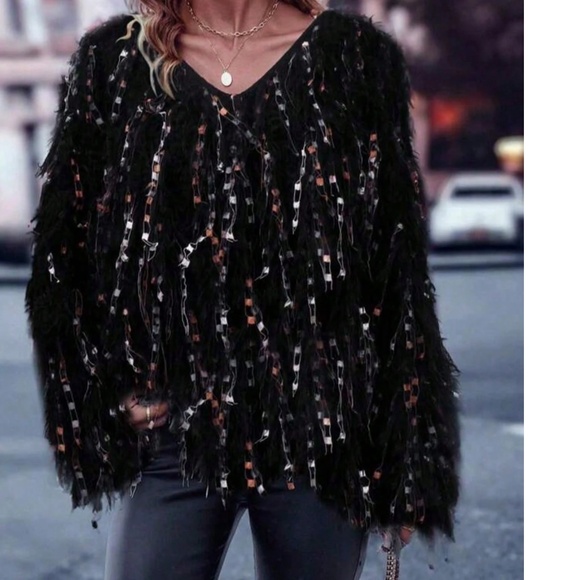 Cozy Fuzzy Multicolor Tassel V neck Loose Fit Sweater Top - Picture 7 of 8